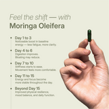 LANG:EN|Moringa capsule opened in hand showing powdered green content; labeled organic, plant-based, no fillers, dehydrated at 38°C.