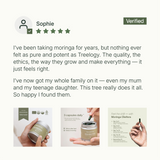 Verified 5-star customer review praising Treelogy capsules for purity and wellness benefits across generations.