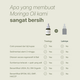Tabel perbandingan yang menunjukkan Treelogy Moringa Oil sebagai cold-pressed, bersertifikat organik, bersumber terpercaya, dan bebas aditif dibanding pesaing.