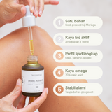 Pipet Treelogy Organic Moringa Oil ditampilkan dengan lima manfaat utama: formula satu bahan, bioaktif, kaya omega, bebas pengawet.
