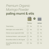 Bagan perbandingan yang menunjukkan Treelogy Moringa Powder bebas tangkai, dikeringkan suhu rendah, ditanam secara bertanggung jawab, dan bersertifikat organik.