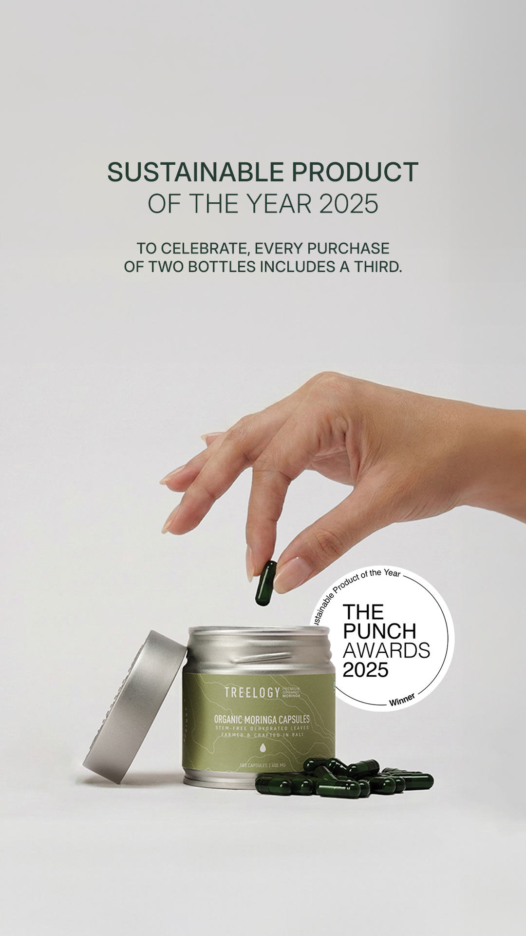 Treelogy Organic Moringa Capsules, winner of The Punch Awards 2025 Sustainable Product of the Year, with a Buy 2 Get 1 Free offer