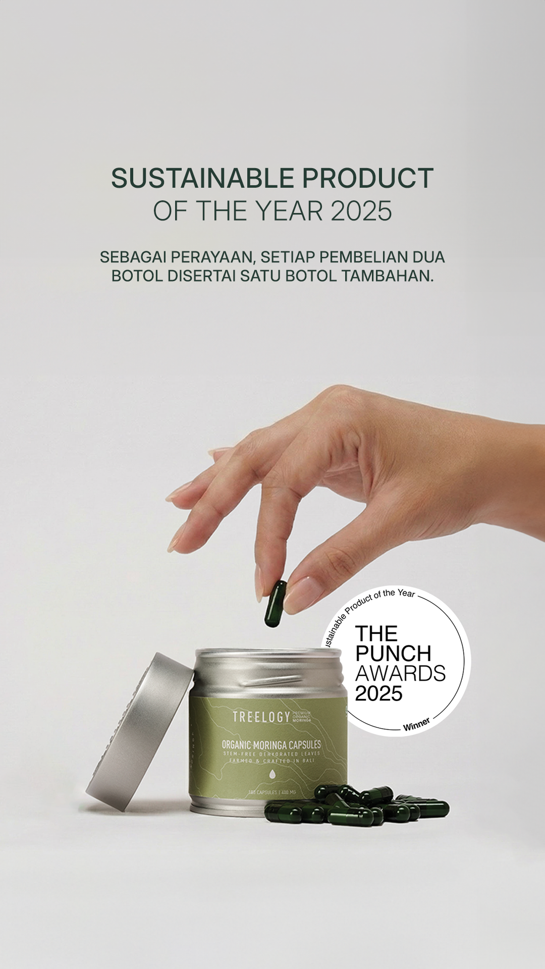Kapsul Kelor Organik Treelogy pemenang Sustainable Product of the Year 2025, bersertifikat BPOM dan Halal, promo beli 2 gratis