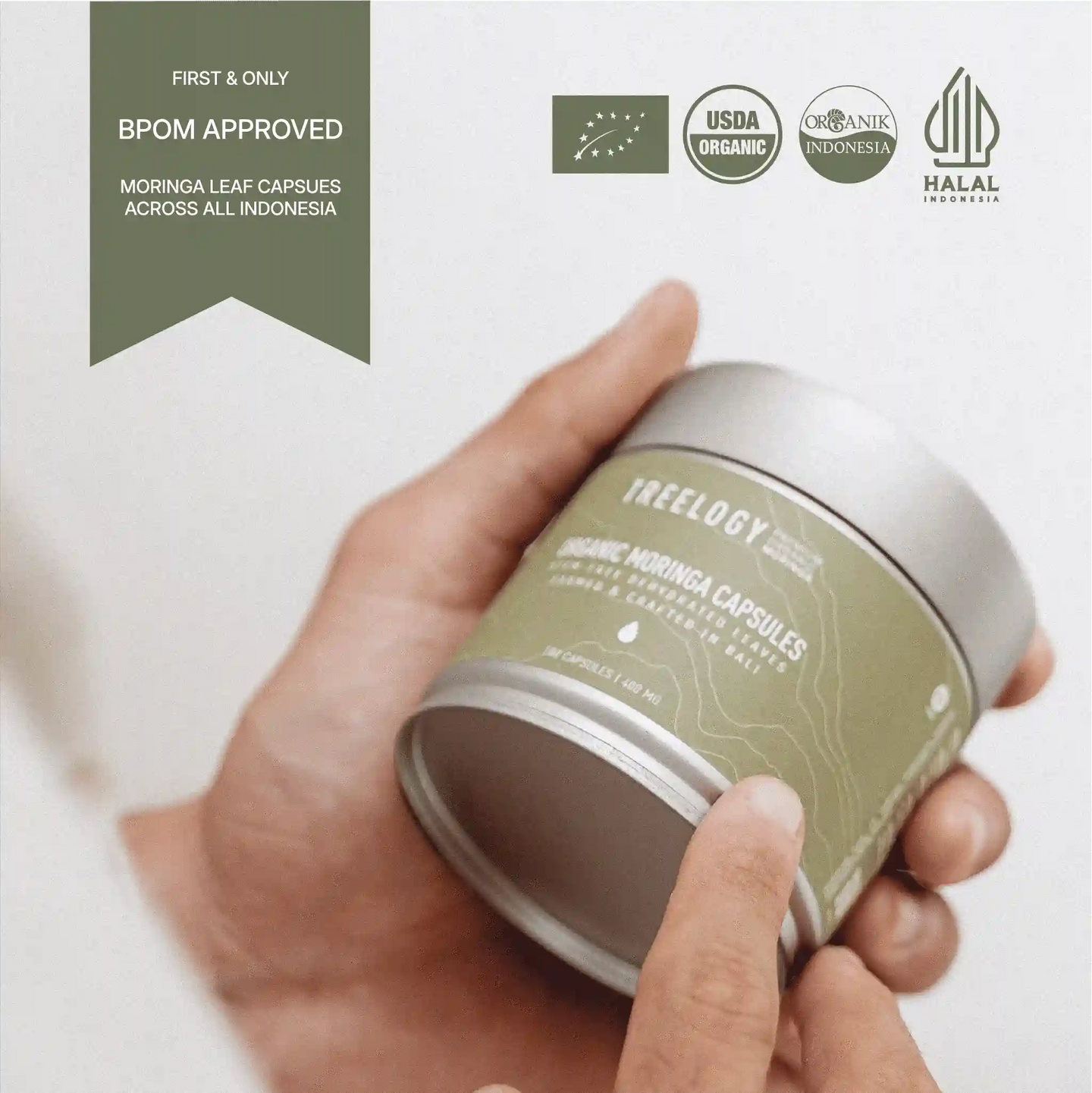 Treelogy Moringa Capsules with USDA Organic, Halal, and BPOM certifications, held in hand to highlight product legitimacy.
