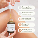 LANG:EN|Treelogy Organic Moringa Oil dropper shown with five key benefits: one-ingredient formula, bioactives, omega-rich formula, no preservatives.