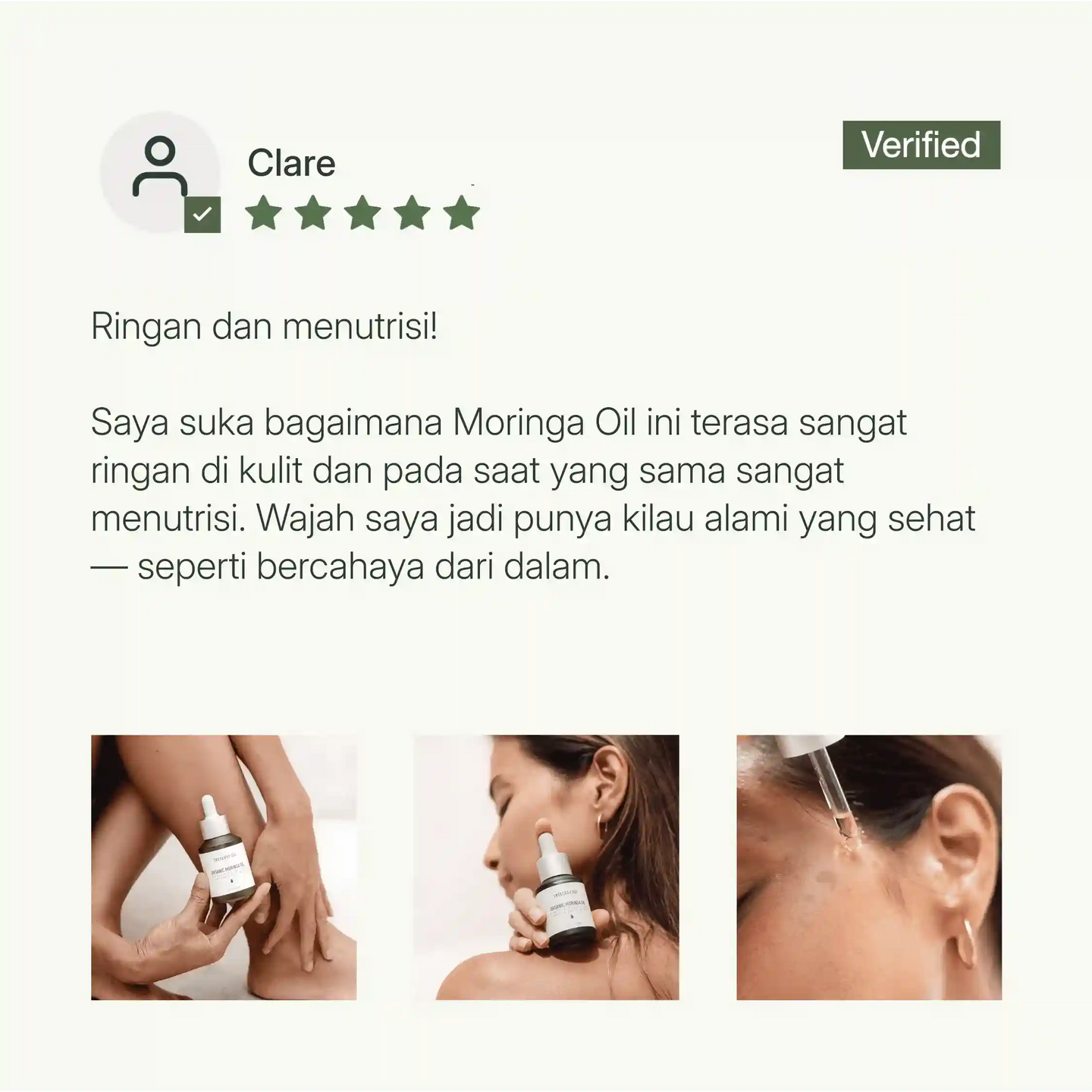 Ulasan terverifikasi memuji Treelogy Moringa Oil karena teksturnya ringan namun menutrisi, memberikan kulit tampak sehat dan bercahaya.