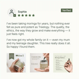 LANG:EN|Verified 5-star customer review praising Treelogy capsules for purity and wellness benefits across generations.