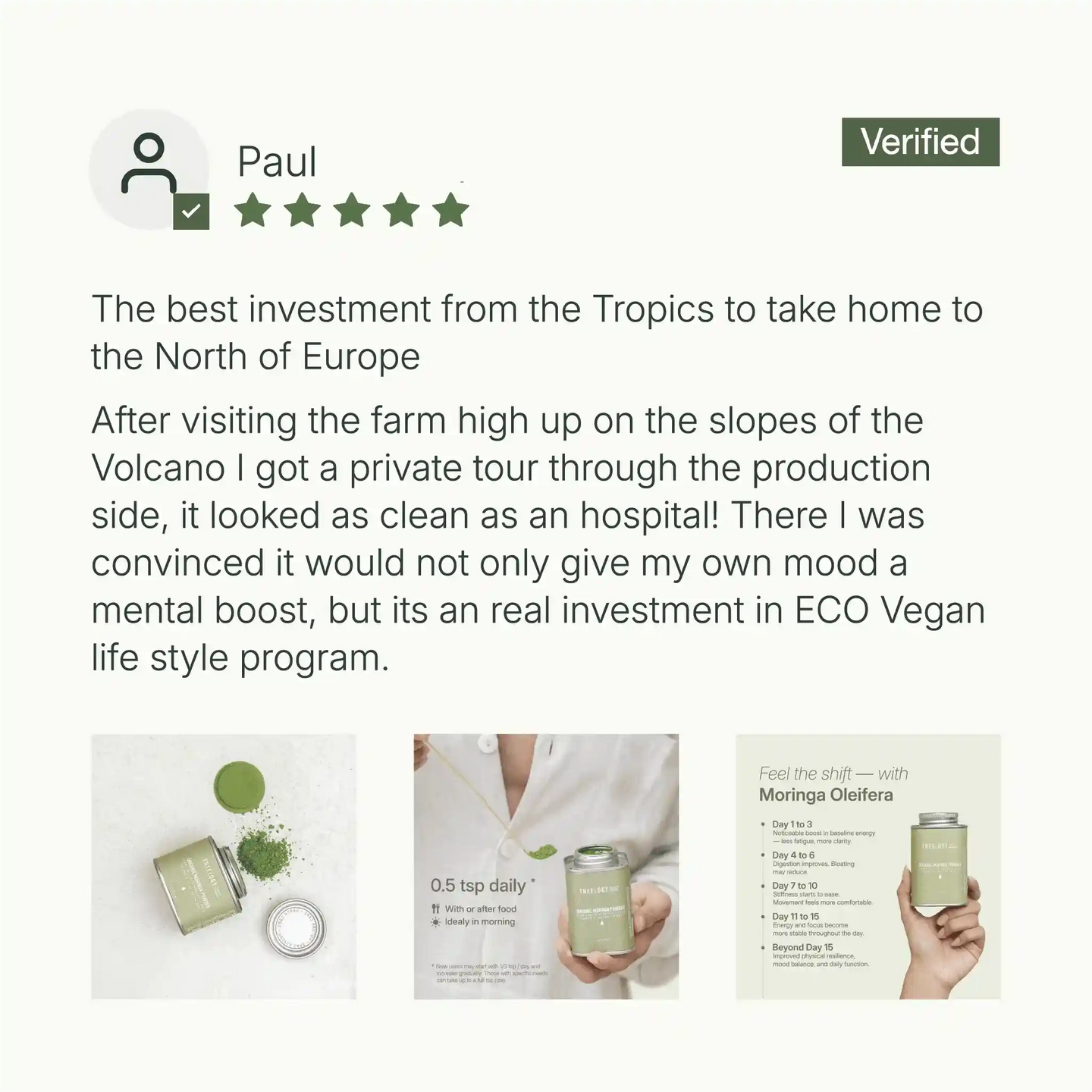 Verified customer Paul shares a review of Treelogy Powder after visiting the Bali farm, praising its cleanliness and ethical farming.