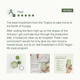 LANG:EN|Verified customer Paul shares a review of Treelogy Powder after visiting the Bali farm, praising its cleanliness and ethical farming.