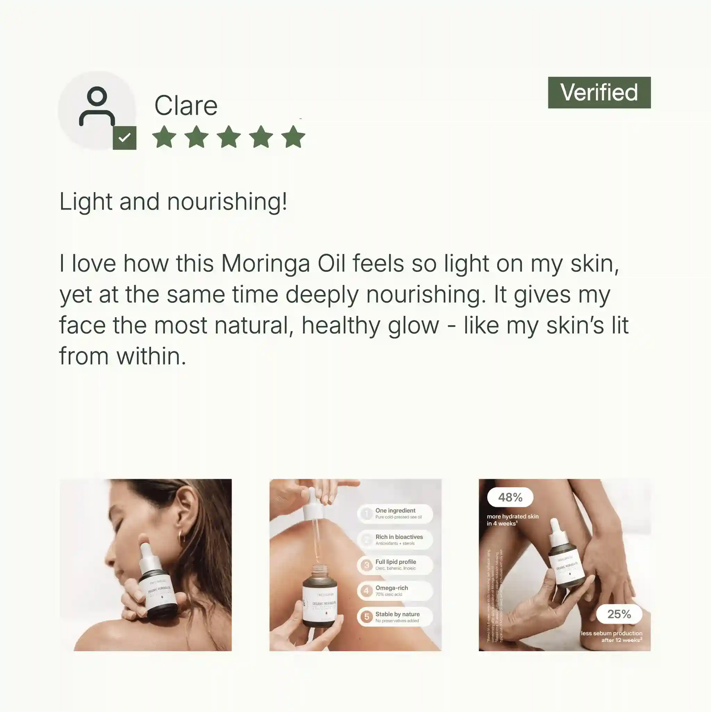 Verified review praising Treelogy Moringa Oil for its lightweight and nourishing texture that gives a healthy skin glow.