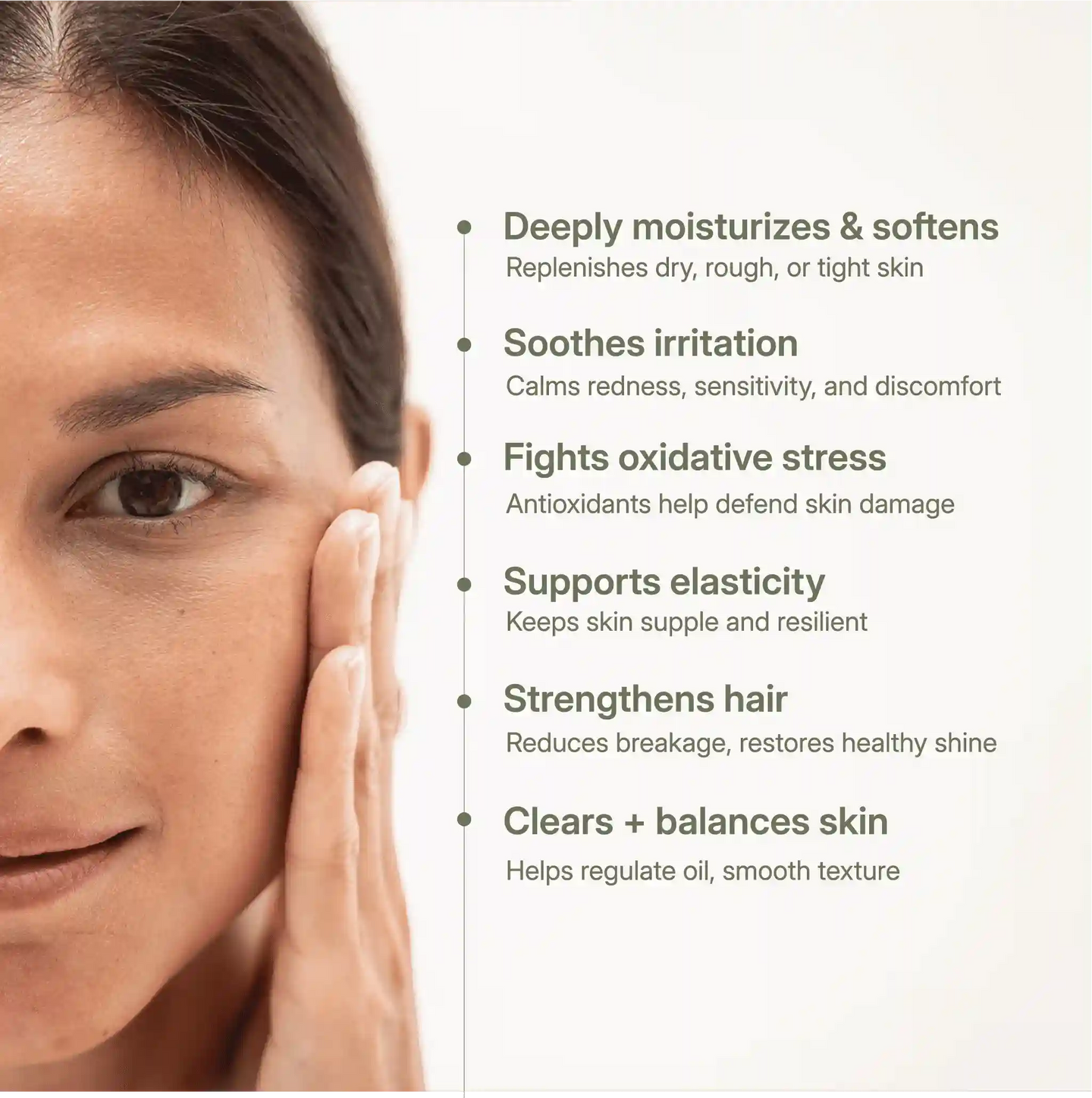 Woman touching her face with list of skin and hair benefits of moringa oil, including hydration, soothing, elasticity, and shine.
