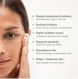LANG:EN|Woman touching her face with list of skin and hair benefits of moringa oil, including hydration, soothing, elasticity, and shine.