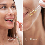 LANG:EN|A close-up composite image of a smiling woman. Left panel: Woman is about to take a green Treelogy Organic Moringa Capsule, labeled 'Pagi'. Right panel: A dropper applying Treelogy Organic Moringa Oil to a woman's face, labeled 'Malam'. A daily holistic wellness ritual in Bali, Indonesia.