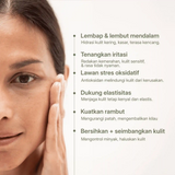 LANG:ID|Seorang wanita menyentuh wajahnya dengan daftar manfaat minyak moringa untuk kulit dan rambut, termasuk melembapkan, menenangkan, meningkatkan elastisitas, dan kilau.
