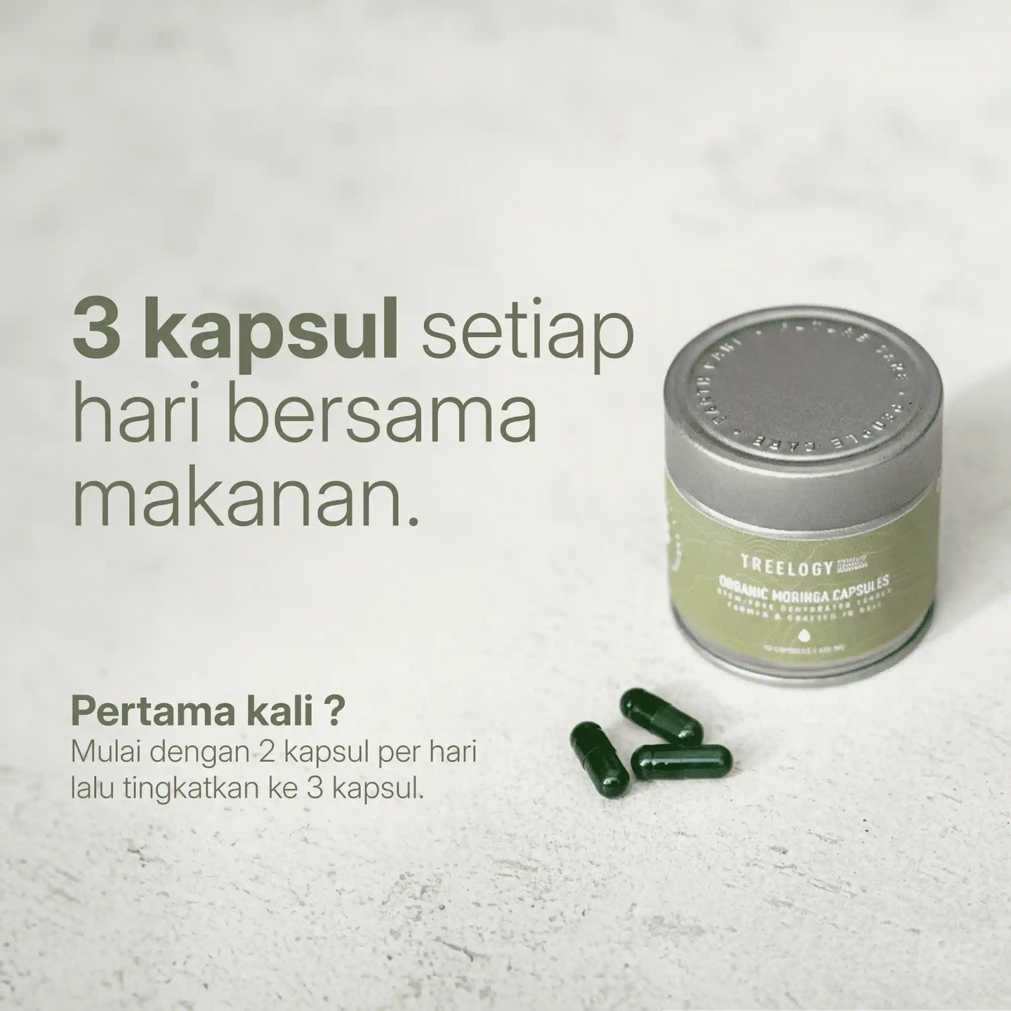 Protokol dosis Treelogy: konsumsi 3 kapsul setiap hari bersama makanan untuk mengoptimalkan penyerapan mikronutrien harian.