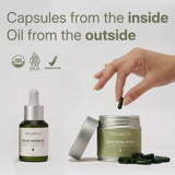 LANG:EN|A hand drops a green Treelogy Organic Moringa Capsule into a tin, beside a bottle of Organic Moringa Oil with a dropper. The large text at the top reads: 'Kapsul dari dalam Minyak dari luar'. Featuring USDA Organic, Halal Indonesia, and BPOM certification logos, crafted in Bali, Indonesia.