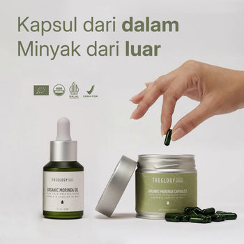 A hand drops a green Treelogy Organic Moringa Capsule into a tin, beside a bottle of Organic Moringa Oil with a dropper. The large text at the top reads: 'Kapsul dari dalam Minyak dari luar'. Featuring USDA Organic, Halal Indonesia, and BPOM certification logos, crafted in Bali, Indonesia.
