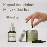 LANG:ID|A hand drops a green Treelogy Organic Moringa Capsule into a tin, beside a bottle of Organic Moringa Oil with a dropper. The large text at the top reads: 'Kapsul dari dalam Minyak dari luar'. Featuring USDA Organic, Halal Indonesia, and BPOM certification logos, crafted in Bali, Indonesia.
