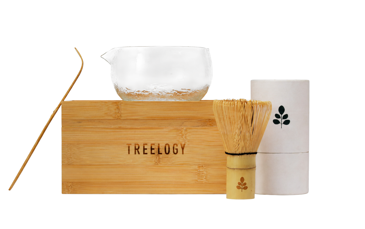 Moringa Ritual Set: kotak bambu, mangkuk kaca, whisk bambu, dan tabung
