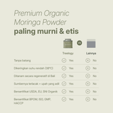 LANG:ID|Bagan perbandingan yang menunjukkan Treelogy Moringa Powder bebas tangkai, dikeringkan suhu rendah, ditanam secara bertanggung jawab, dan bersertifikat organik.