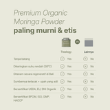 LANG:ID|Bagan perbandingan yang menunjukkan Treelogy Moringa Powder bebas tangkai, dikeringkan suhu rendah, ditanam secara bertanggung jawab, dan bersertifikat organik.