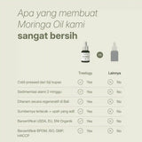 LANG:ID|Tabel perbandingan yang menunjukkan Treelogy Moringa Oil sebagai cold-pressed, bersertifikat organik, bersumber terpercaya, dan bebas aditif dibanding pesaing.