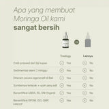 LANG:ID|Tabel perbandingan yang menunjukkan Treelogy Moringa Oil sebagai cold-pressed, bersertifikat organik, bersumber terpercaya, dan bebas aditif dibanding pesaing.
