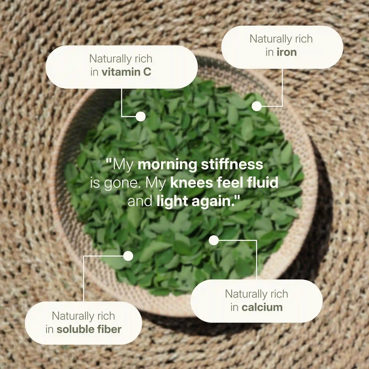 Fresh moringa leaves rich in vitamin C, iron, and calcium to help manage morning stiffness and support joint flexibility. 