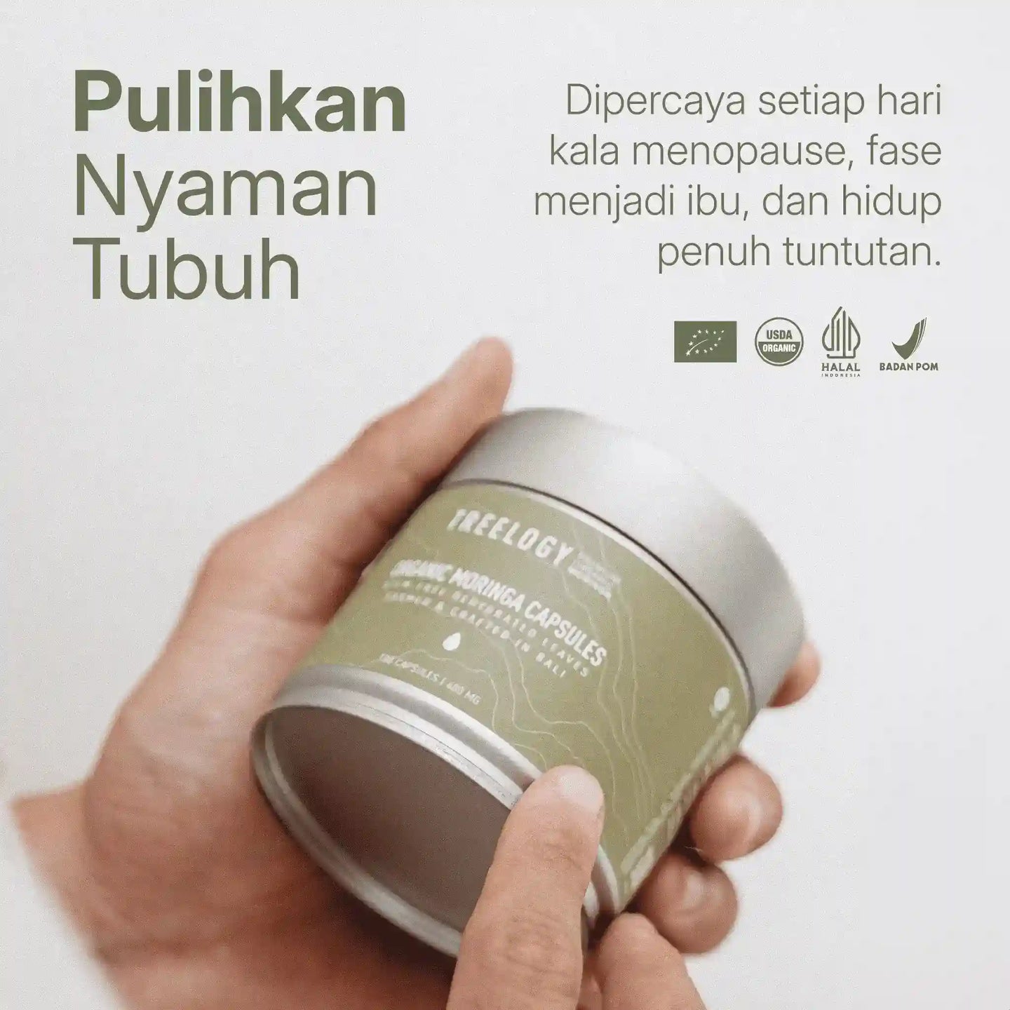 Kapsul Kelor Organik Treelogy untuk dukungan biologis fase menopause dan pemulihan pasca melahirkan dengan sertifikasi BPOM dan Halal.