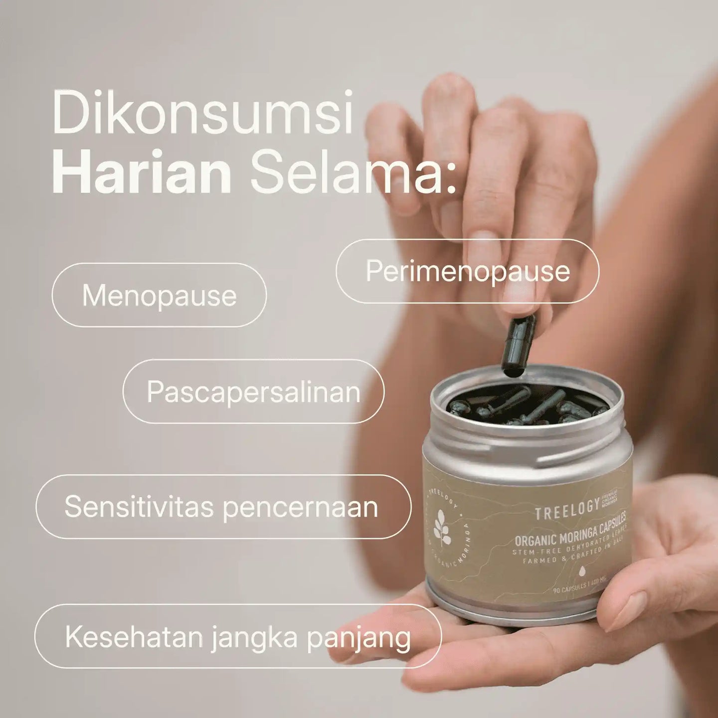 Kebiasaan kesehatan harian dengan Treelogy Moringa untuk mendukung kenyamanan fisik selama perimenopause dan kesehatan pencernaan jangka panjang.