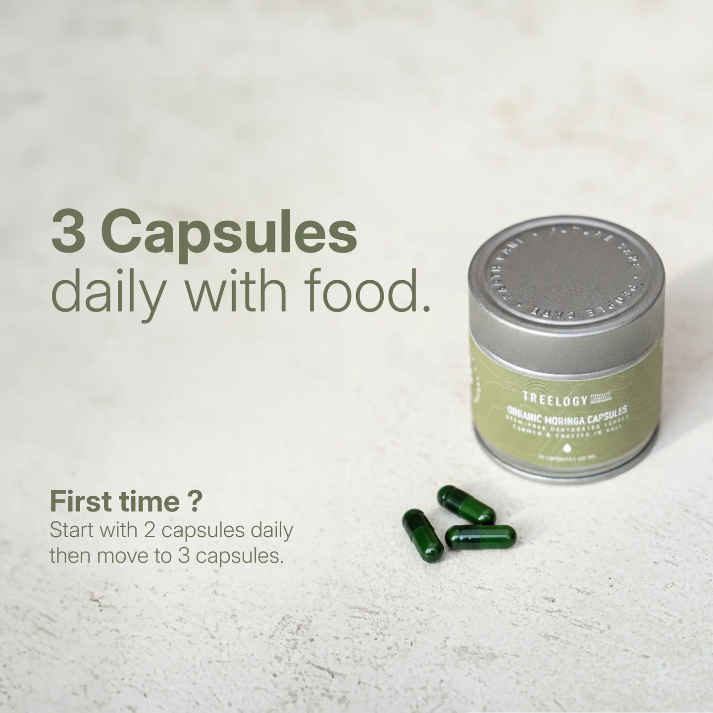 Treelogy dosage protocol: 3 capsules daily taken with food to optimize the absorption of 90+ bioavailable nutrients.