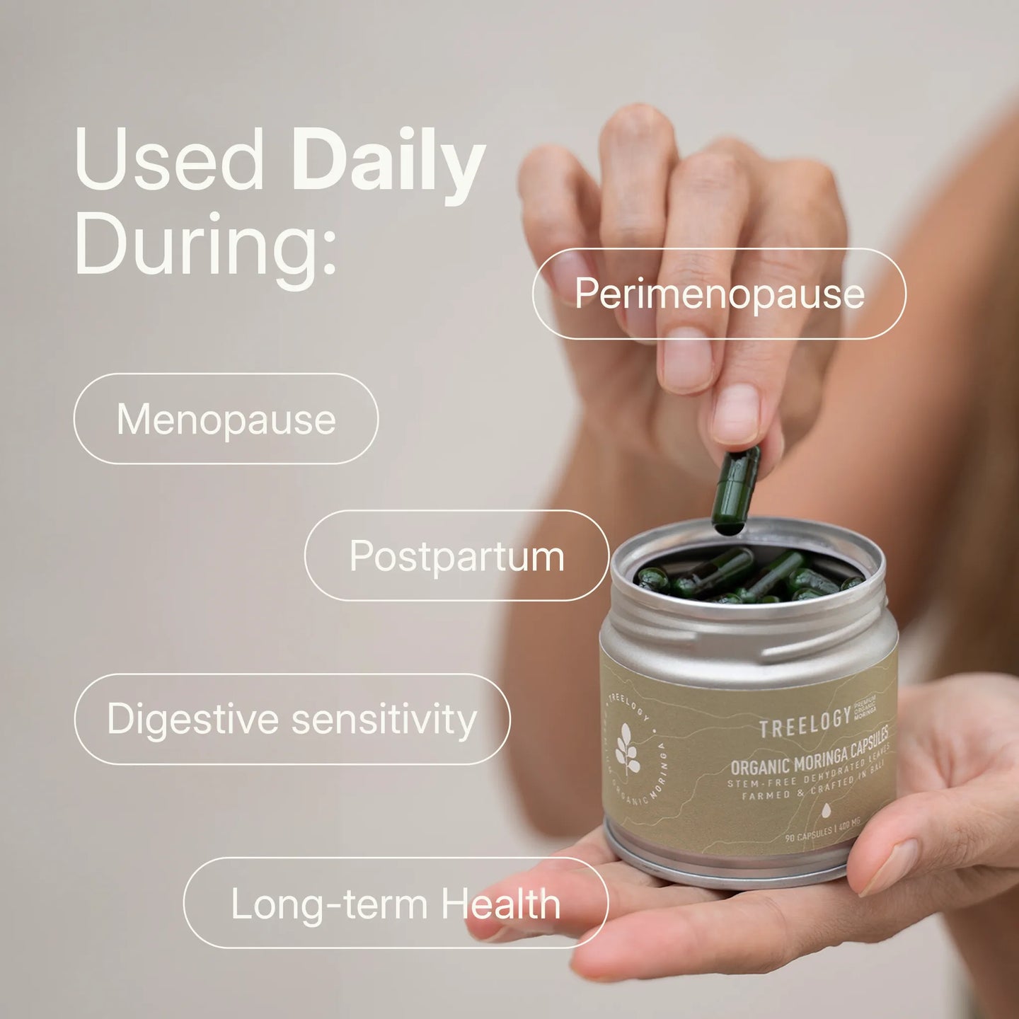 A daily health habit of Treelogy Moringa Capsules to support perimenopause, postpartum recovery, and long-term digestive health.