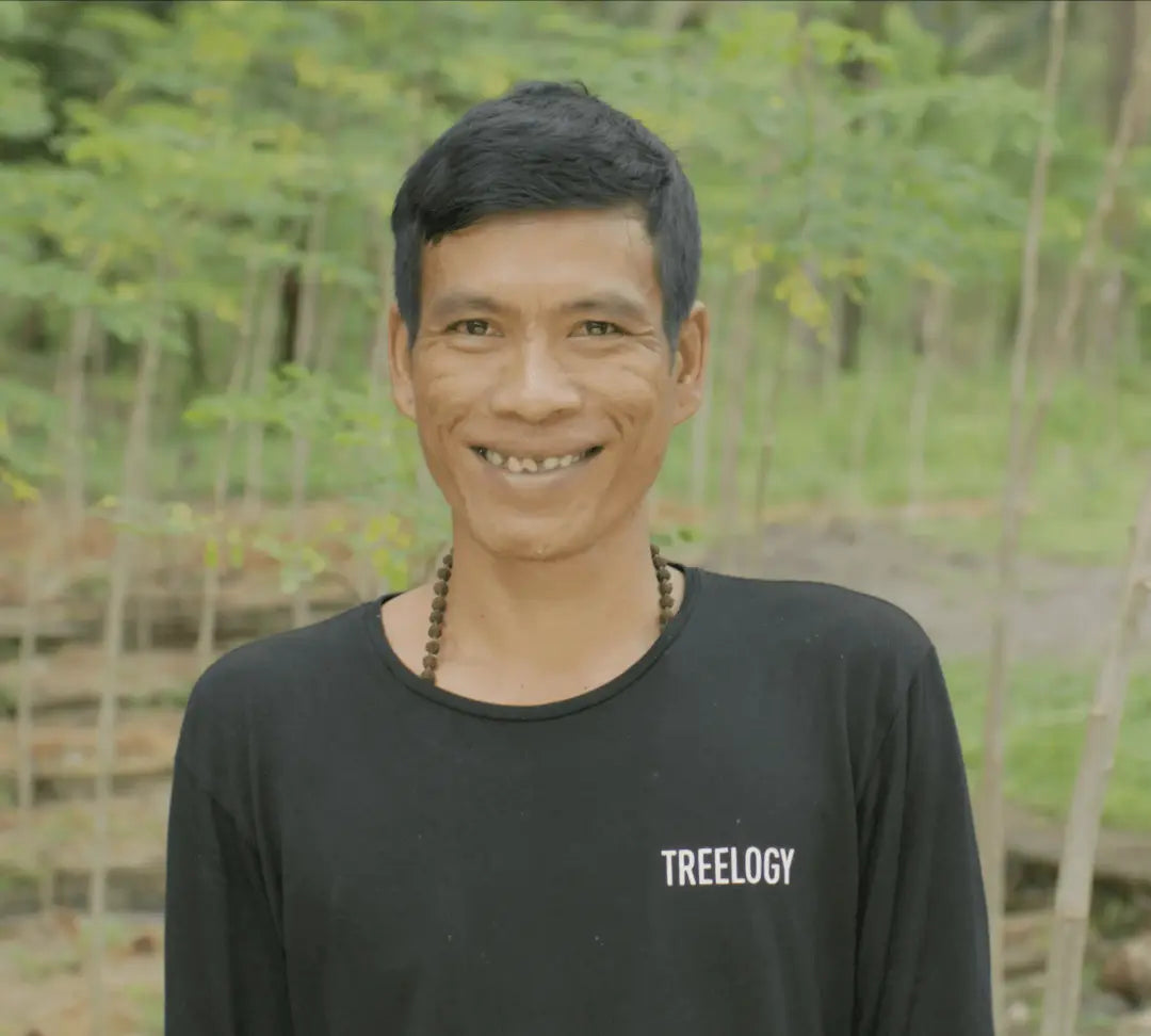 I Wayan Belasin smiling outdoors with a natural background of trees and plants.