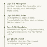 LANG:EN|A vertical timeline infographic in Indonesian detailing the benefits of Treelogy Moringa over time. Sections include: 'Hari 1–2: Penyesuaian', 'Hari 3–7: Perubahan Pertama', 'Hari 8–30: Regulasi', and 'Hari 31+: Kebiasaan'. It outlines specific effects on skin, energy, and sleep. A Bali, Indonesia, wellness calendar.