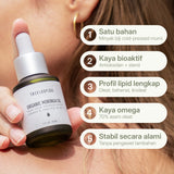 LANG:ID|A woman holds a bottle of Treelogy Organic Moringa Oil near her face. Five numbered bubbles list specifications in Indonesian: '1 Satu bahan', '2 Kaya bioaktif', '3 Profil lipid lengkap', '4 Kaya omega', '5 Stabil secara alami'. Pure cold-pressed moringa oil made in Bali, Indonesia.