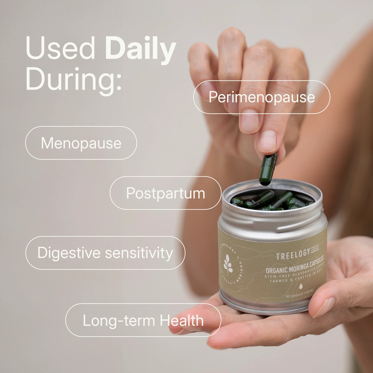 A woman's hand holds an open can of Treelogy Organic Moringa Capsules. Above is the text 'Dikonsumsi Harian Selama:'. To the left are Indonesian text labels pointing to conditions: Menopause, Perimenopause, Pascapersalinan, Sensitivitas pencernaan, Kesehatan jangka panjang. A women's health guide from Bali, Indonesia.